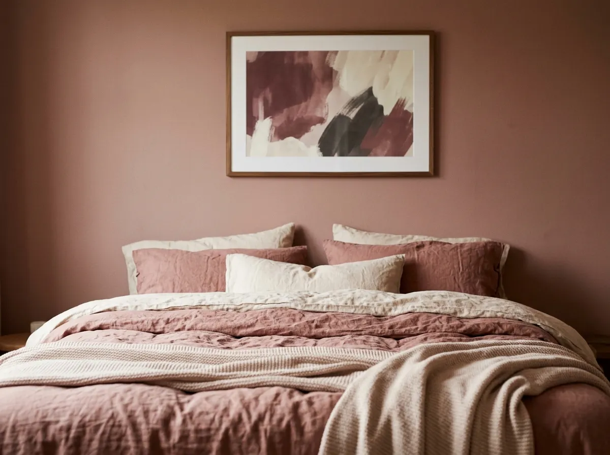 Colour-matched bedroom wall art above a bed with dusty-rose linen bedding.