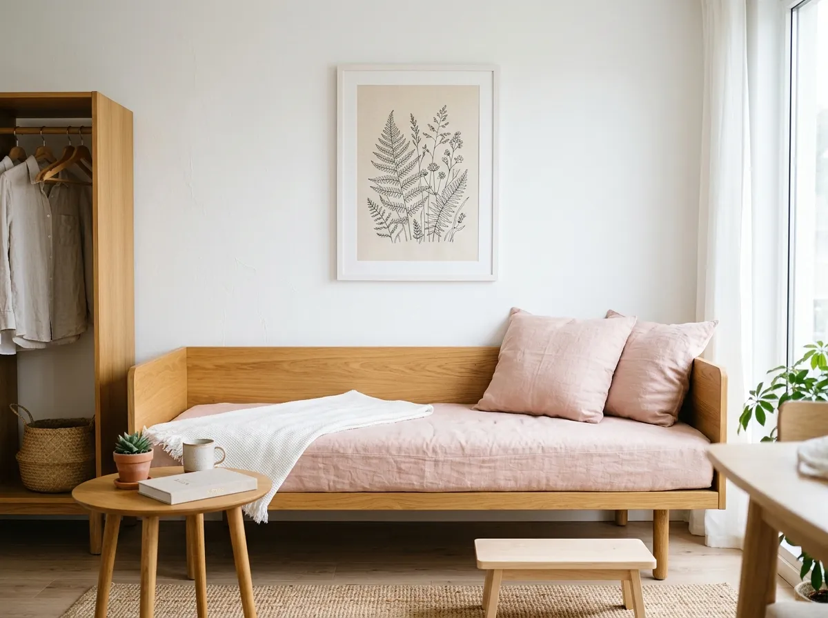 A single botanical print used as Airbnb wall art above a daybed in a bright white studio apartment.