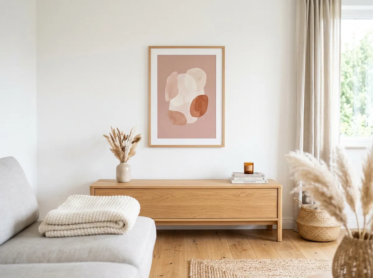 A dusty-rose abstract print used as Airbnb wall art above a light-oak console in a bright, photogenic living room.