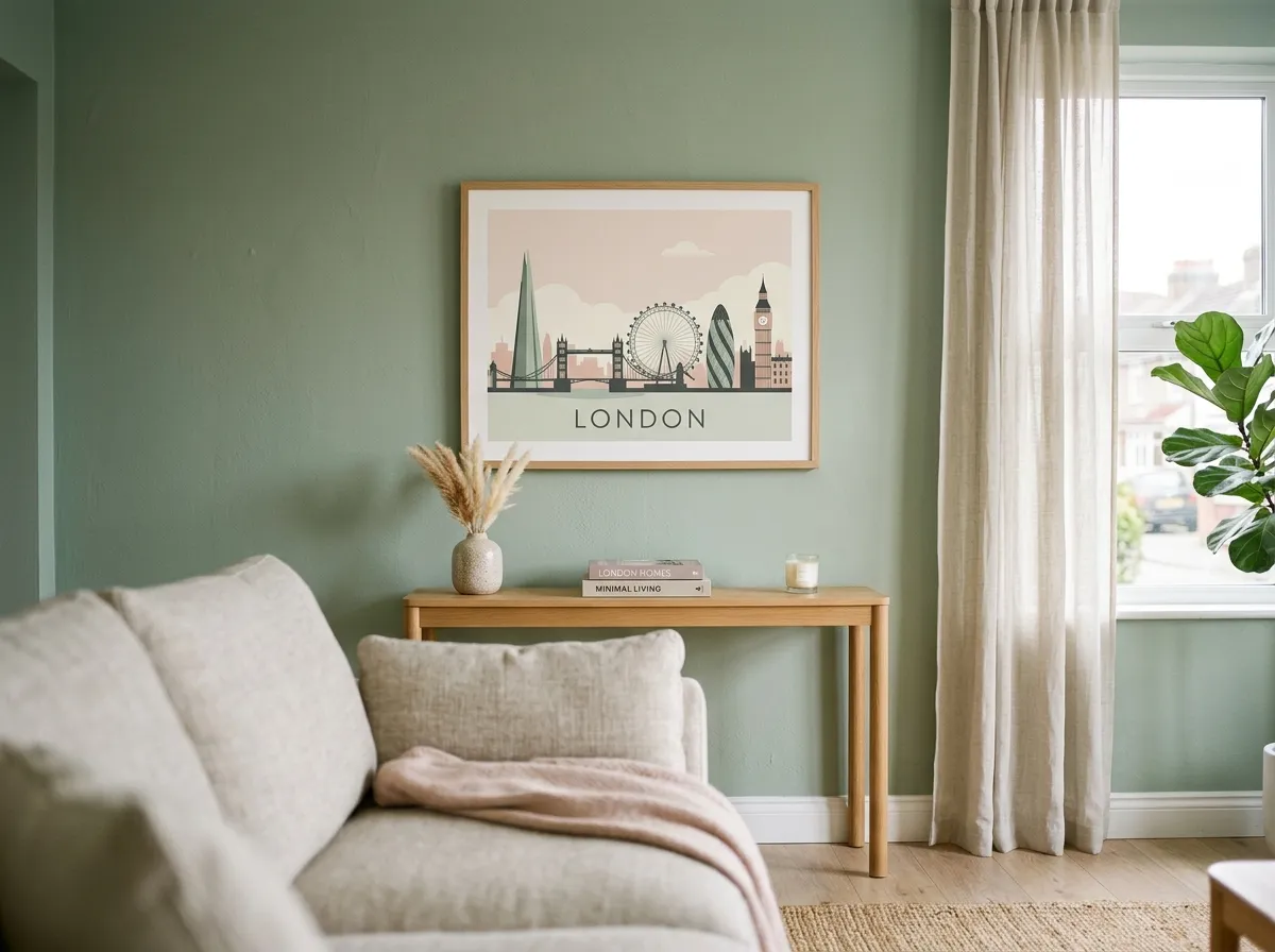 A stylised local skyline print used as Airbnb wall art above a sofa in a bright living room.