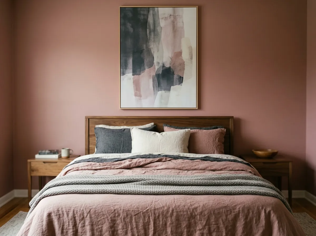 A large-scale desaturated abstract print as bedroom wall art above a wooden headboard with linen bedding.