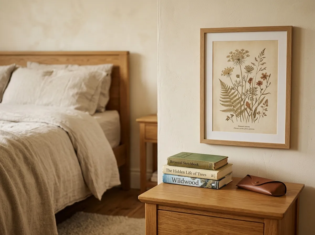 A muted botanical print as bedroom wall art beside a wooden bedside table with books.
