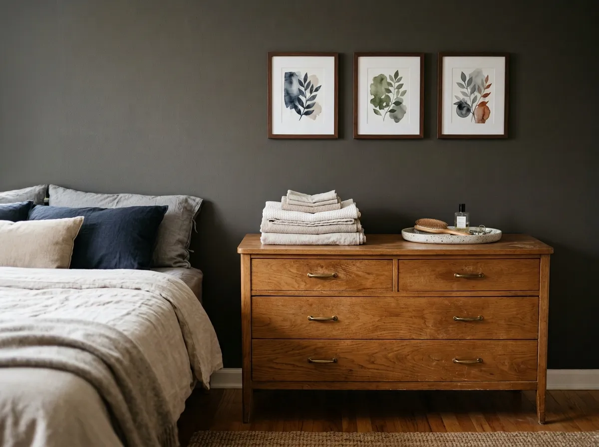 A three-piece triptych used as bedroom wall art above a wooden dresser with folded linens.