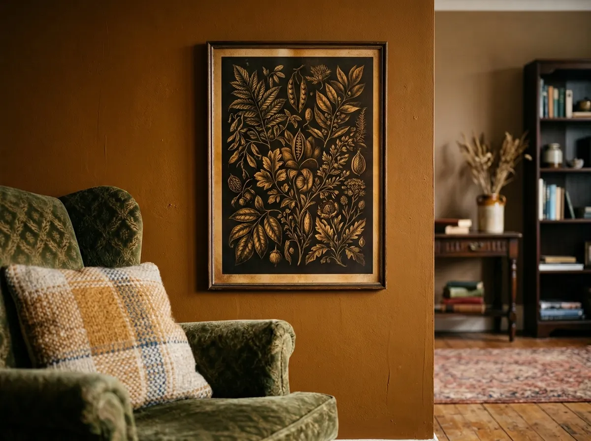 A dark, amber-toned botanical print used as botanical wall art for warm rooms in an eclectic interior