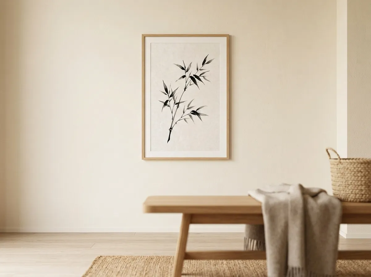 A translucent ink-wash botanical print used as botanical wall art for warm rooms in a Japandi interior.