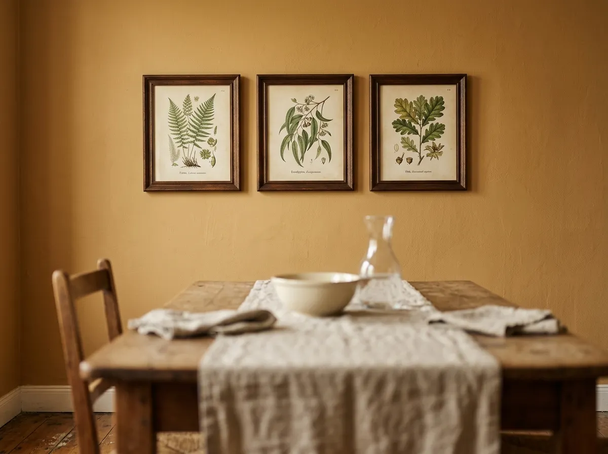 A warm botanical triptych used as botanical wall art for warm rooms above a dining table.