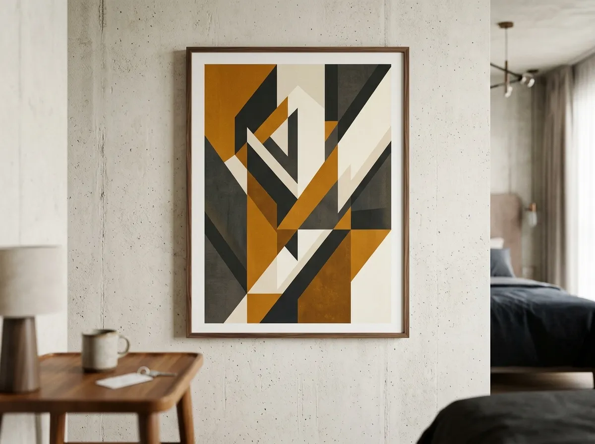 Geometric abstract art in a minimalist hotel room — contemporary boutique hotel wall art with a restrained palette