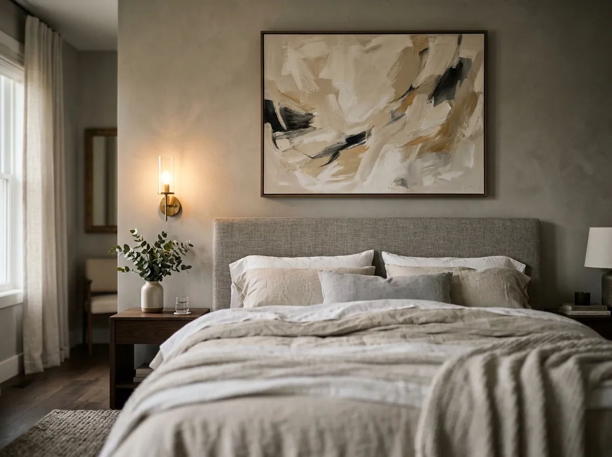 Home bedroom styled with boutique hotel inspired art — the same principles that work in a boutique hotel bedroom translate directly to your home