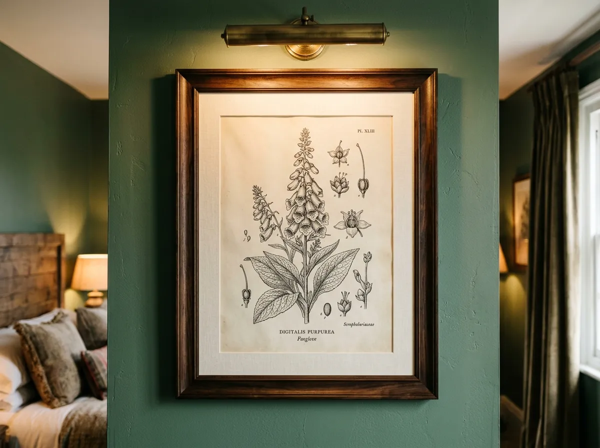 A single botanical print in a dark frame on a dark green wall — a timeless choice for heritage and countryside boutique hotels.