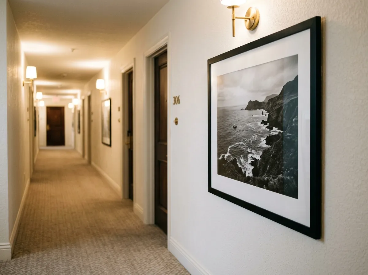 A single large black and white photograph in a hotel hallway — editorial impact from one well-scaled piece.