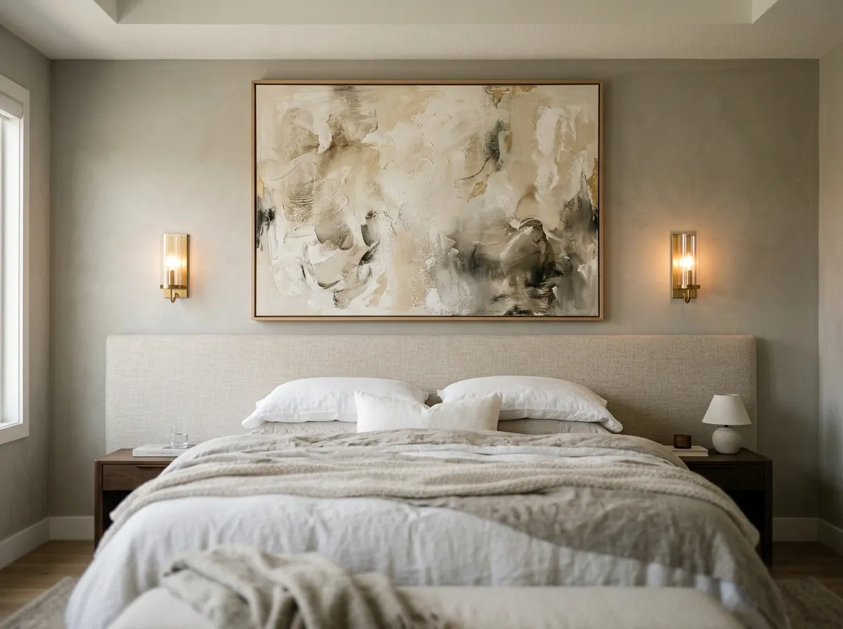 Neutral abstract wall art above hotel bed — the most reliable anchor in boutique hotel bedroom design.