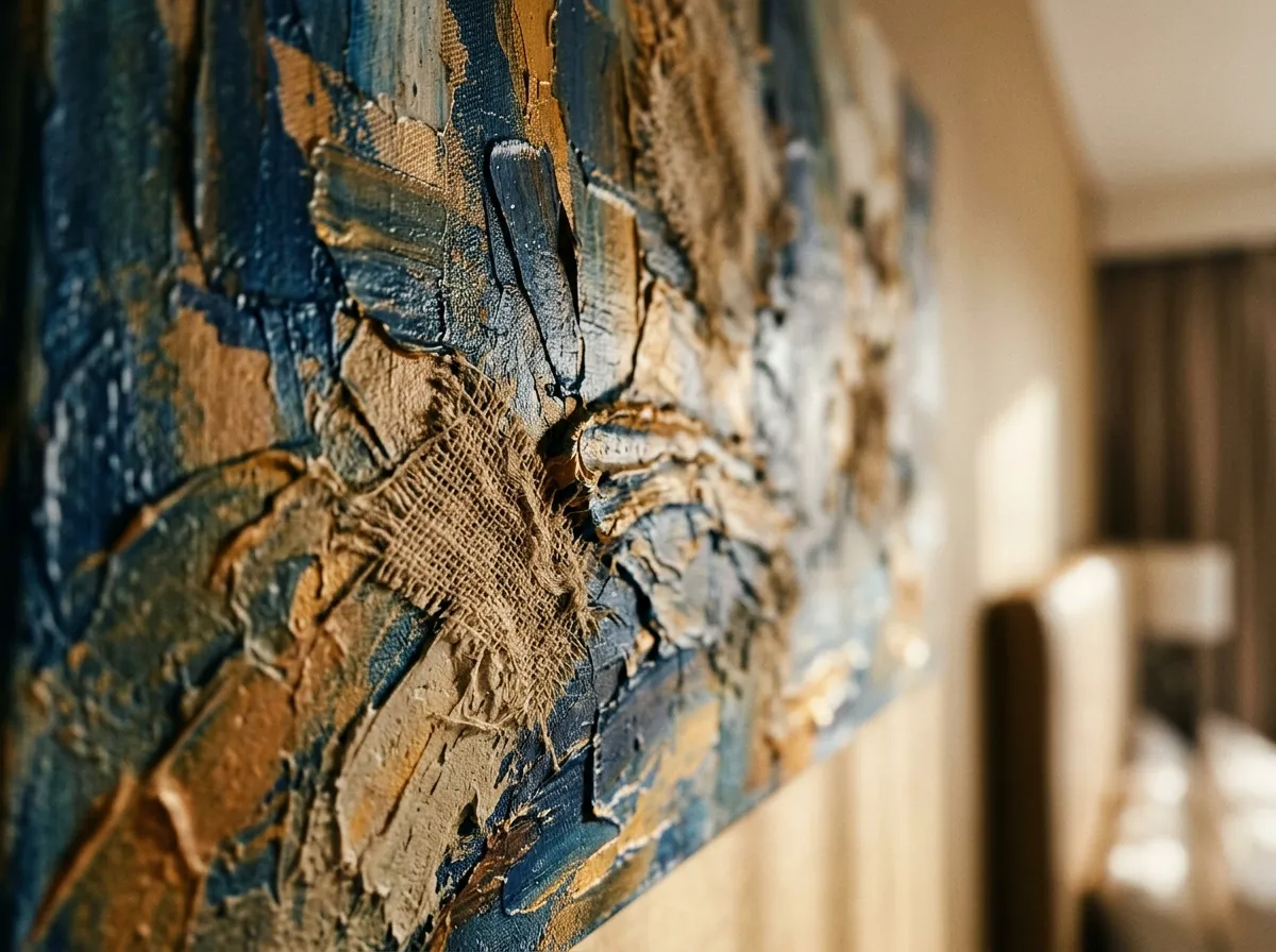 Textured mixed-media canvas in hotel room — tactile surface detail under warm ambient light.