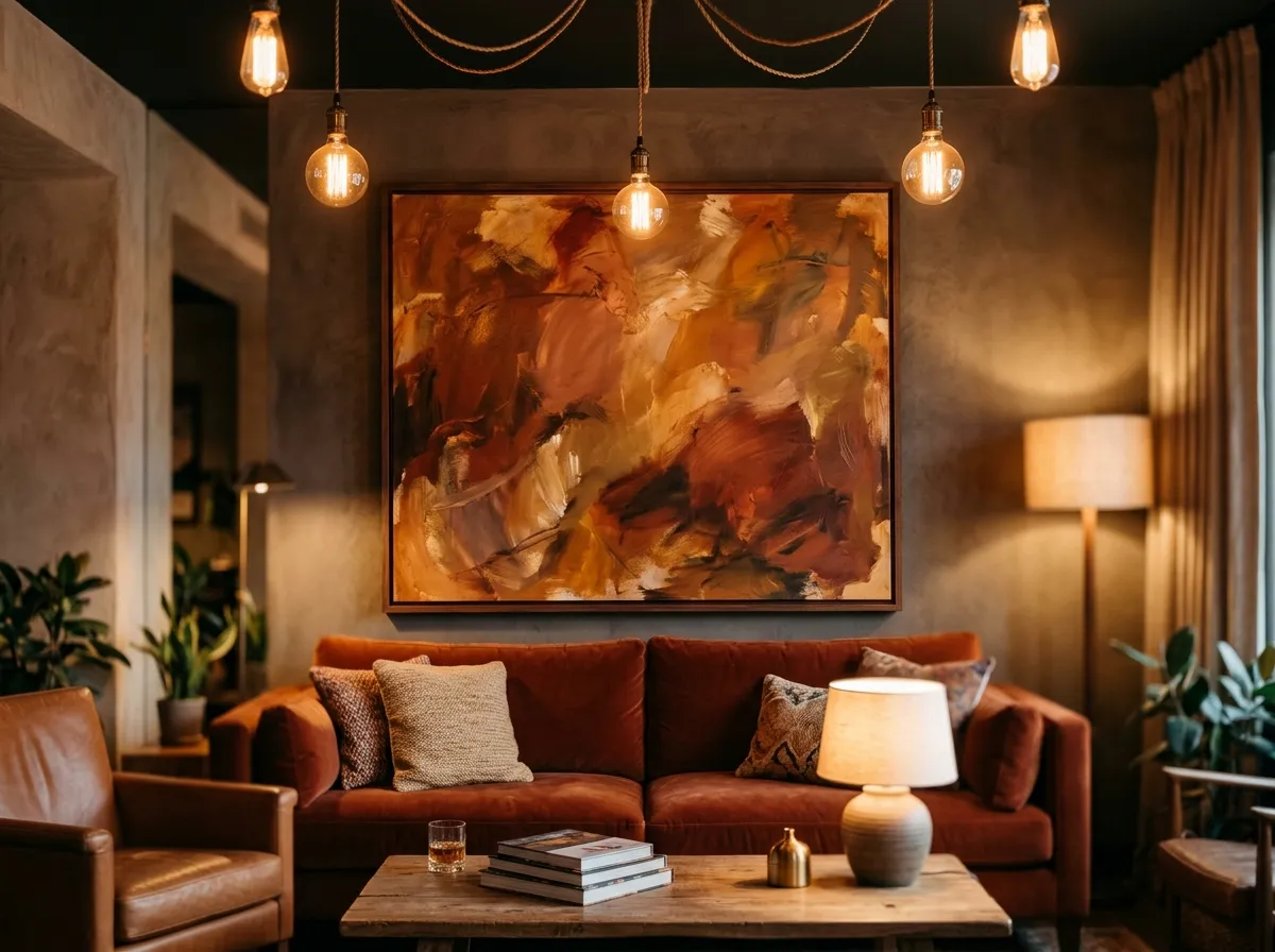 A single warm-toned artwork in a boutique hotel sitting area — amber, rust, and terracotta tones under warm filament lighting.