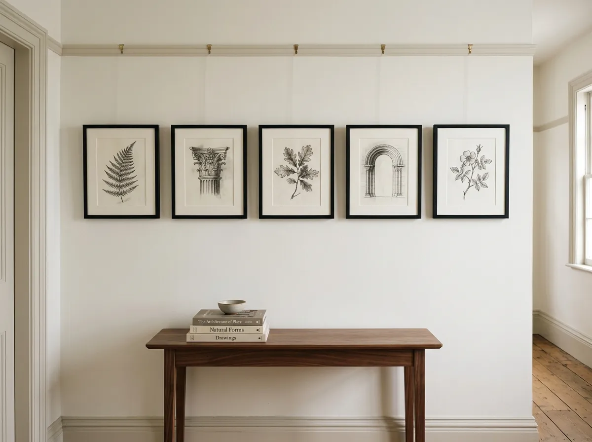 A grid of five small charcoal architectural and botanical sketches evenly spaced along a hallway wall.
