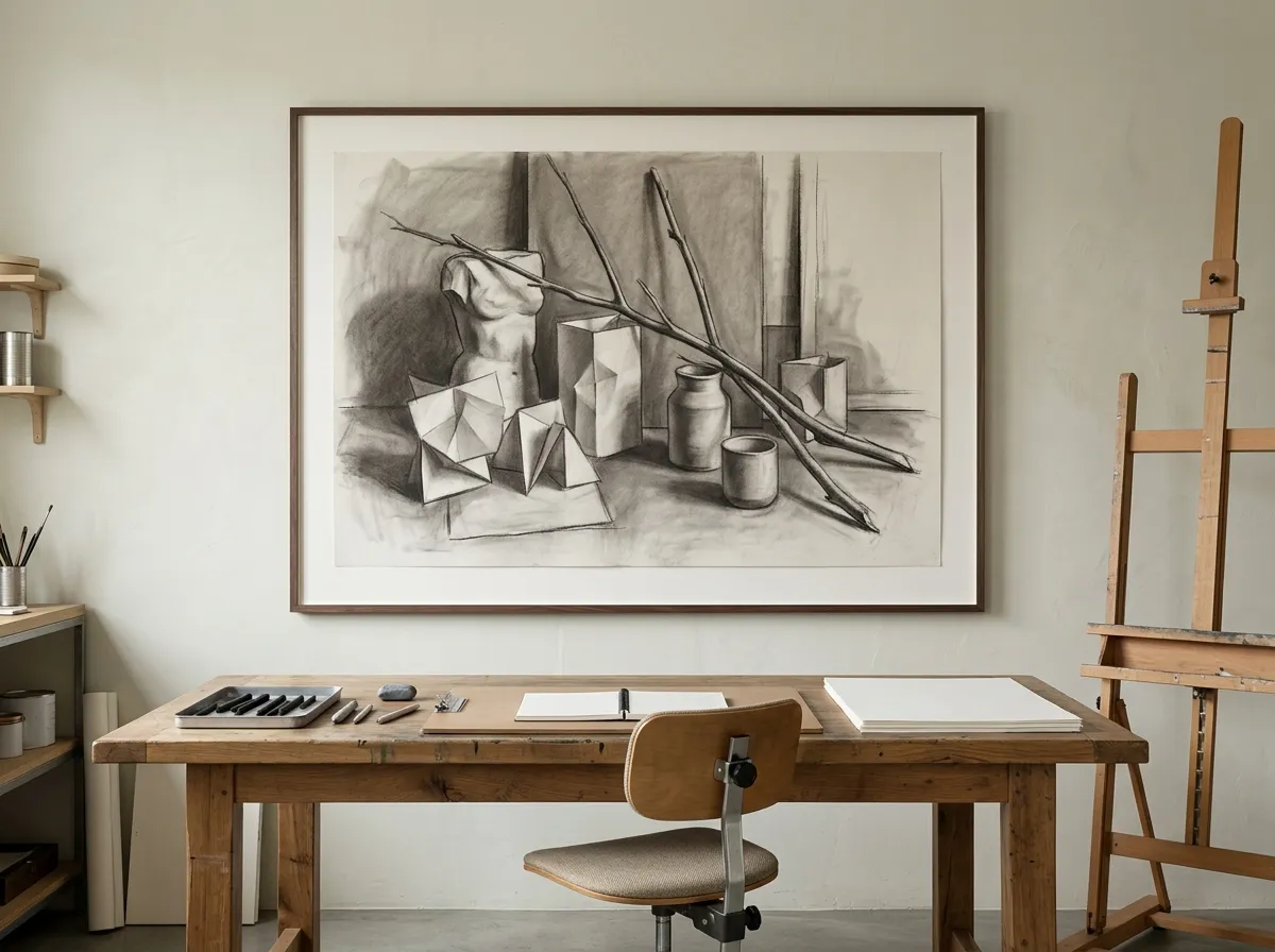 A bold gestural charcoal figure study above a home art studio easel and drawing table.