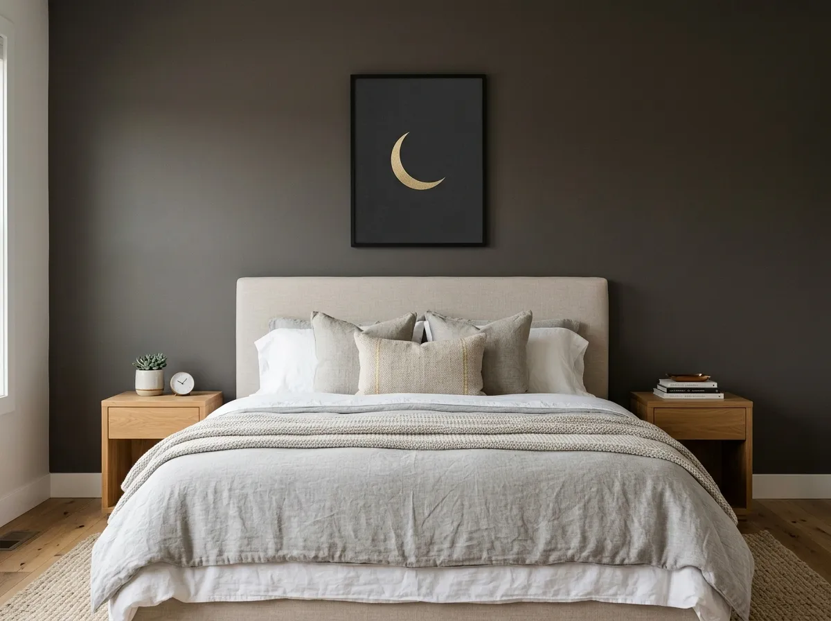 A sparse gold crescent-moon motif as gold wall art above a bedroom headboard.