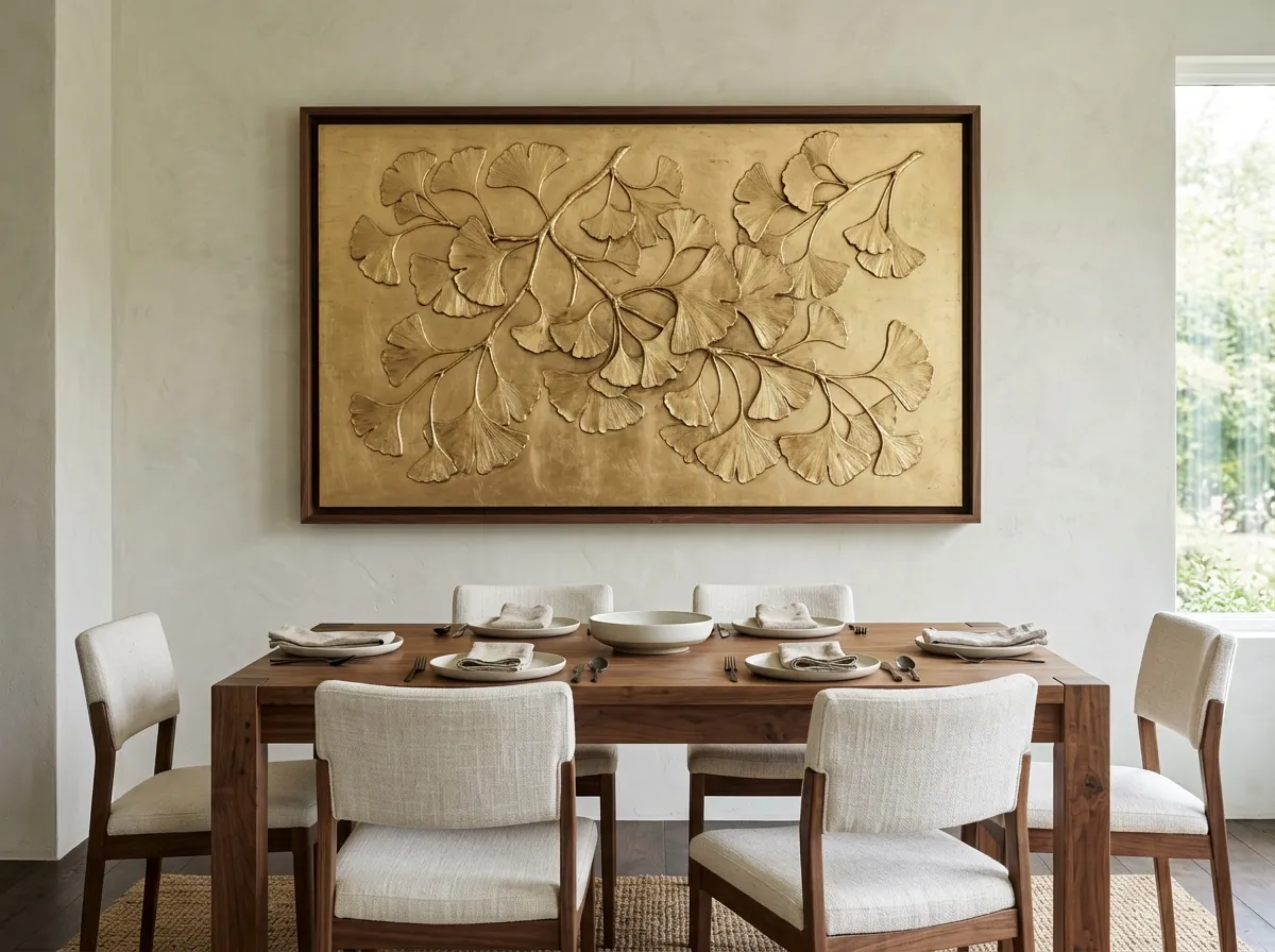A bold black-and-gold geometric composition as gold wall art in a dining room.