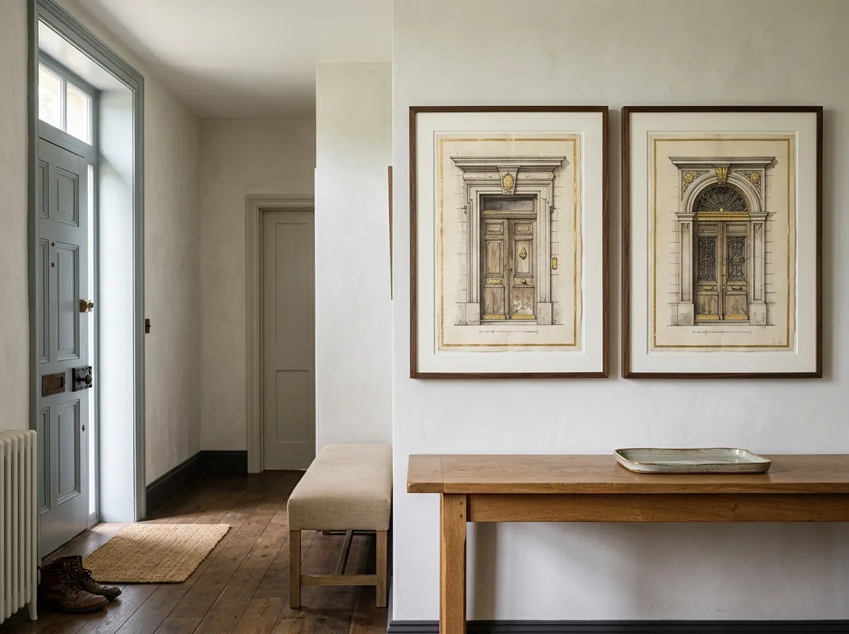 Two paired gold-line architectural studies as gold wall art in a residential entryway