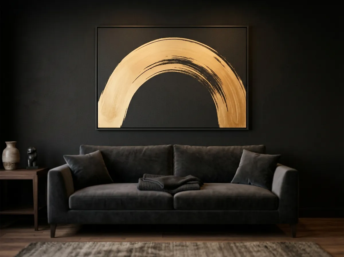 A dark abstract canvas with a single gold brushstroke as gold wall art above a living room sofa.