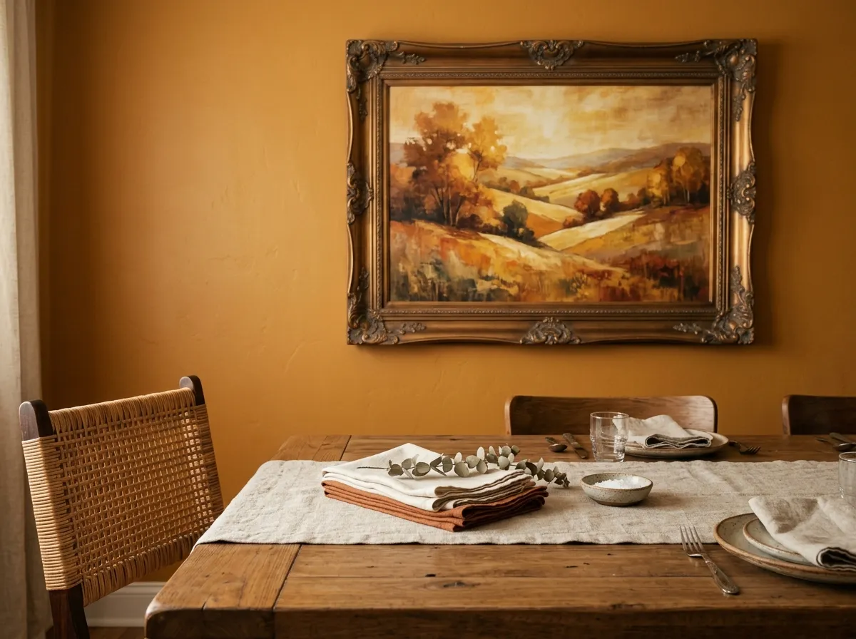 A warm gold-toned guesthouse wall art style hung above a dining table in a furnished common area.