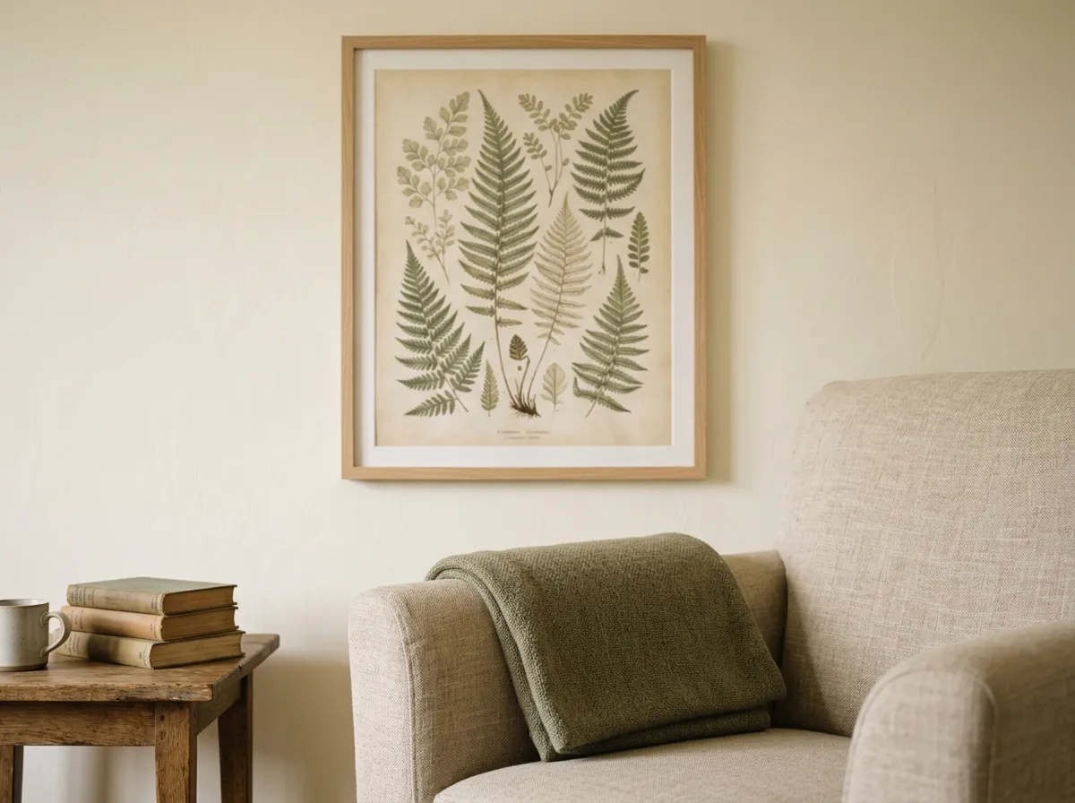 A single cohesive guesthouse wall art style hung above an armchair in a furnished sitting room