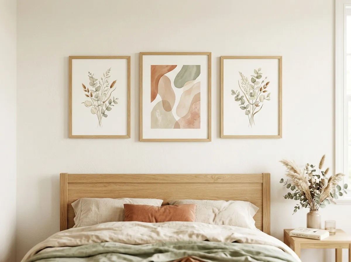A three-piece botanical and abstract guesthouse wall decor cluster above a light oak headboard on a cream wall