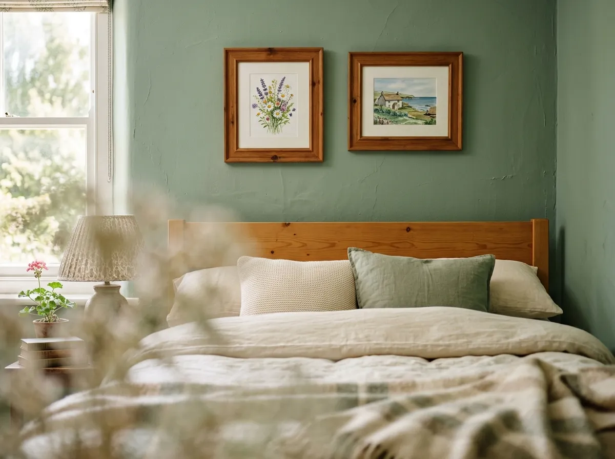 A pair of small framed prints as guesthouse wall decor above a wooden headboard on a sage-green wall.