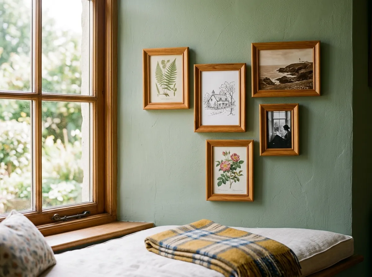 A small gallery cluster of mixed frames used as guesthouse wall decor beside a window seat.