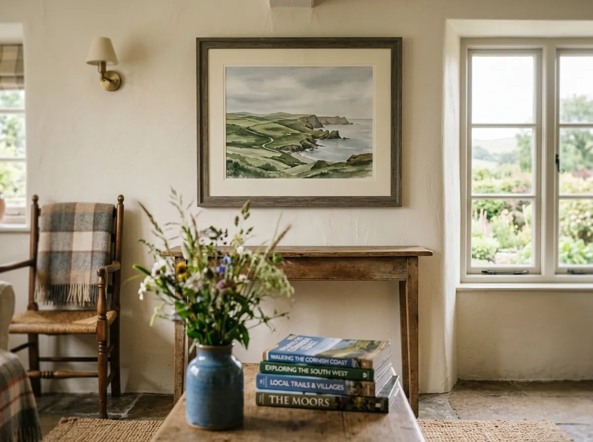Local landscape print used as guesthouse wall decor above a console table in a breakfast nook.