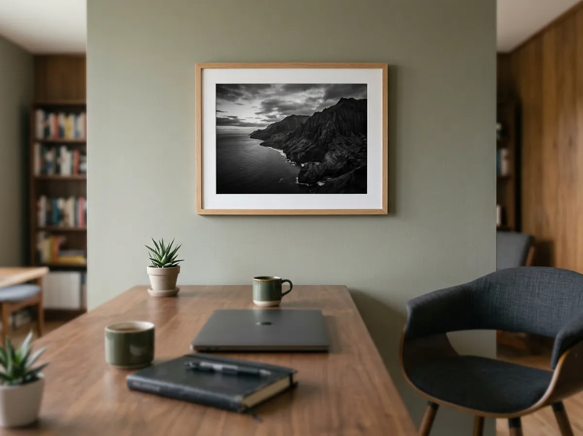 A single anchor print used as home office wall art at seated eye level ahead of a wooden desk.