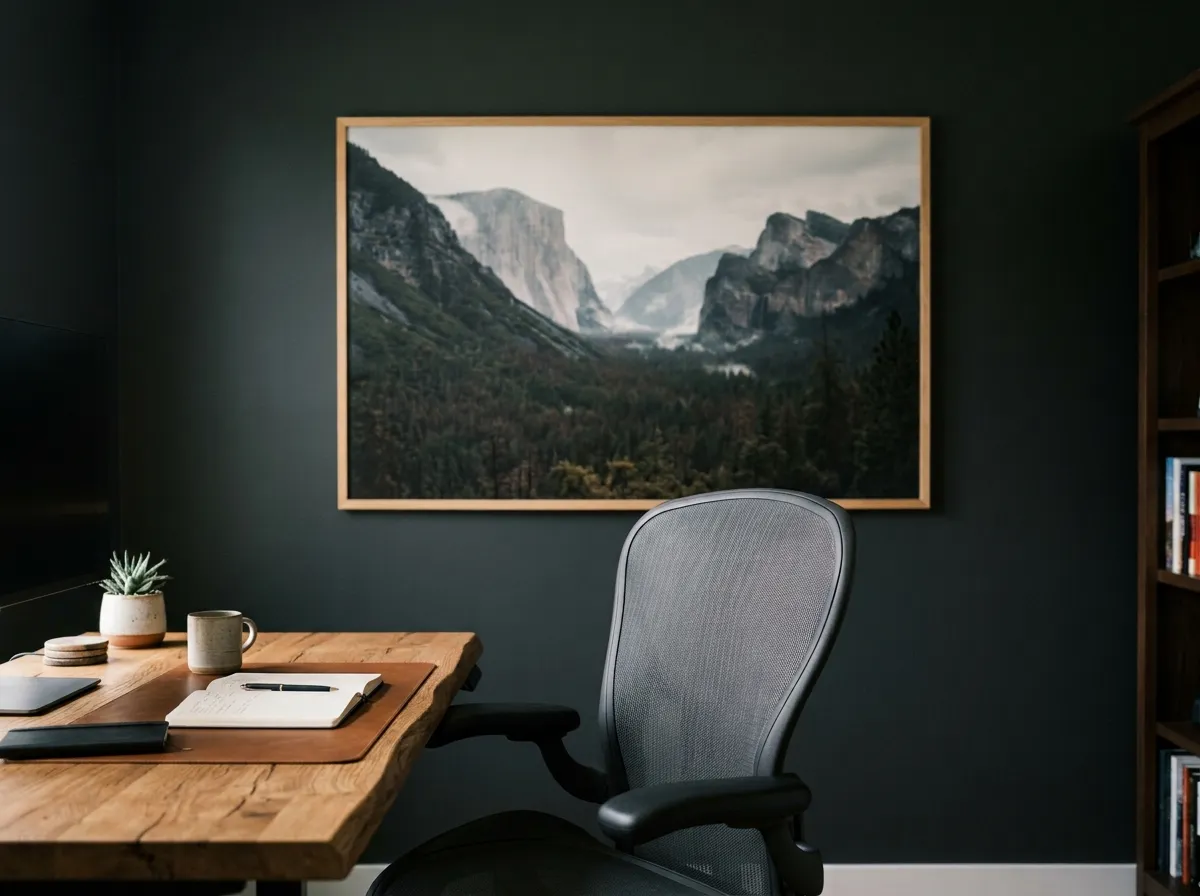 A large dark, cinematic landscape used as home office wall art on a dedicated thinking wall
