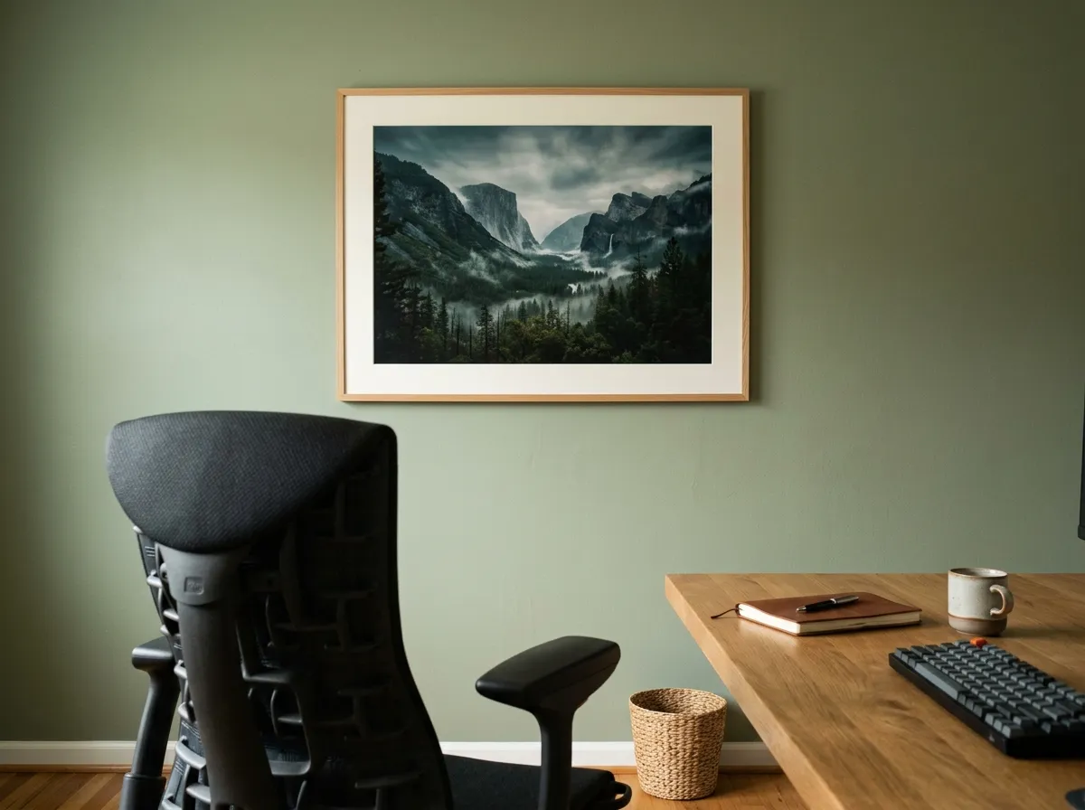 A misty landscape print used as home office wall art on the wall facing a desk chair.