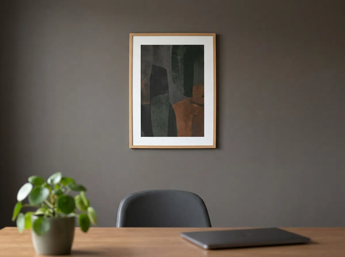 A single muted-palette print used as home office wall art behind a desk set up for video calls.