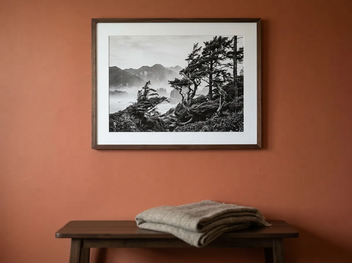 A regionally-inspired monochrome print as hotel wall art in a boutique guest room