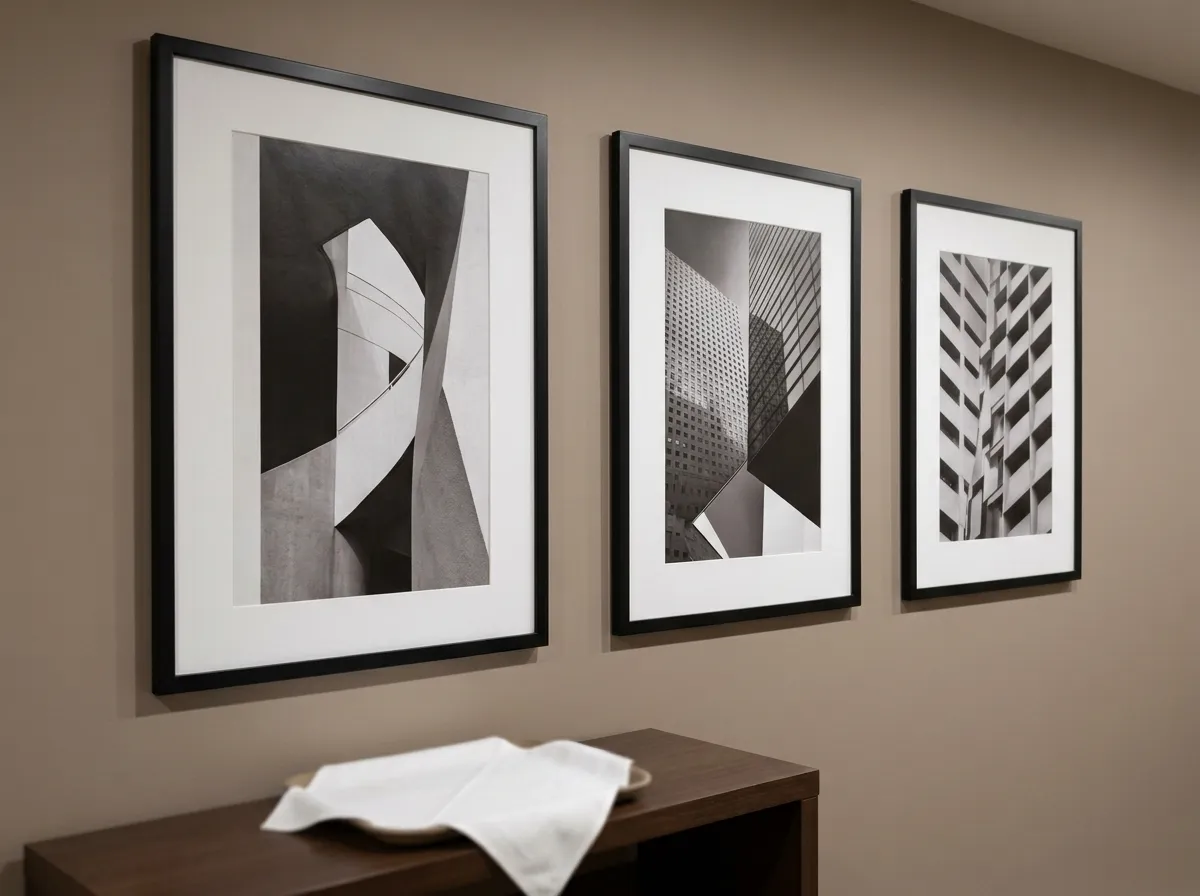 A consistent series of framed hotel wall art down a corridor, shown in perspective with even spacing