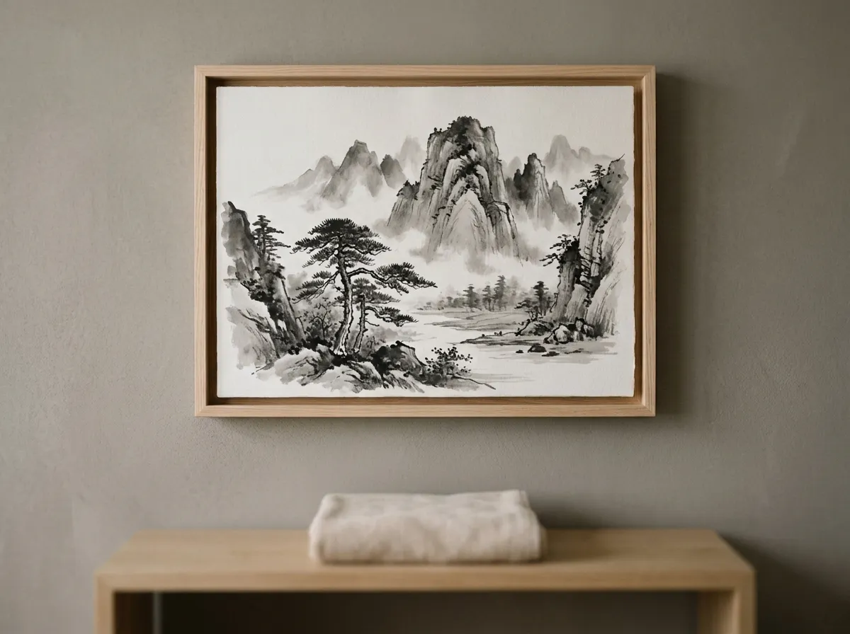 An atmospheric ink-wash print as hotel wall art in a spa treatment room