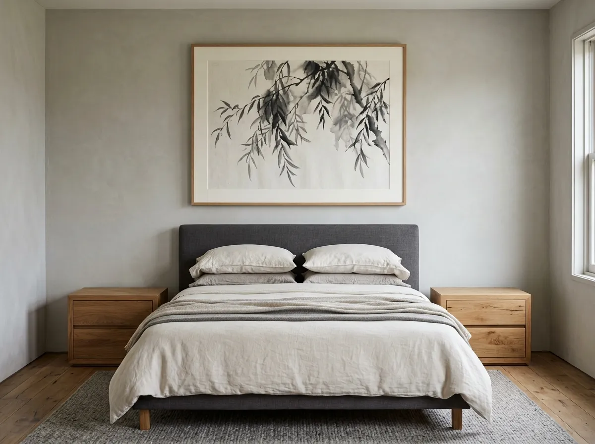 A sparse bare-branch wash composition as ink wash wall art above a bedroom headboard.