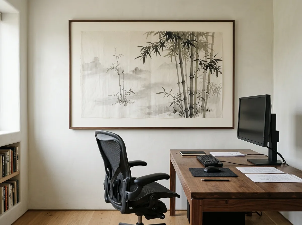 An ink-wash painting of sparse reeds at a marsh horizon within sightline of a home office desk