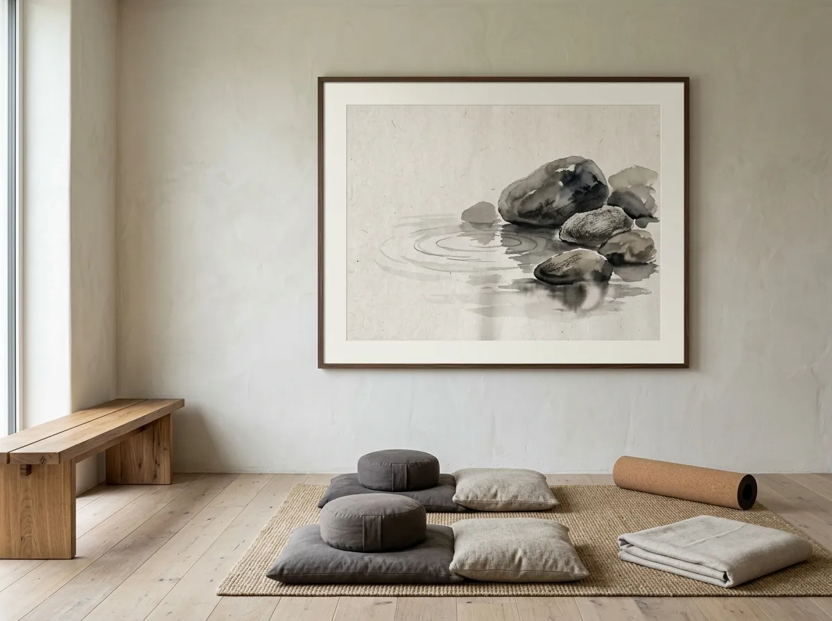 An ink-wash painting of a single garden stone in a home meditation nook.