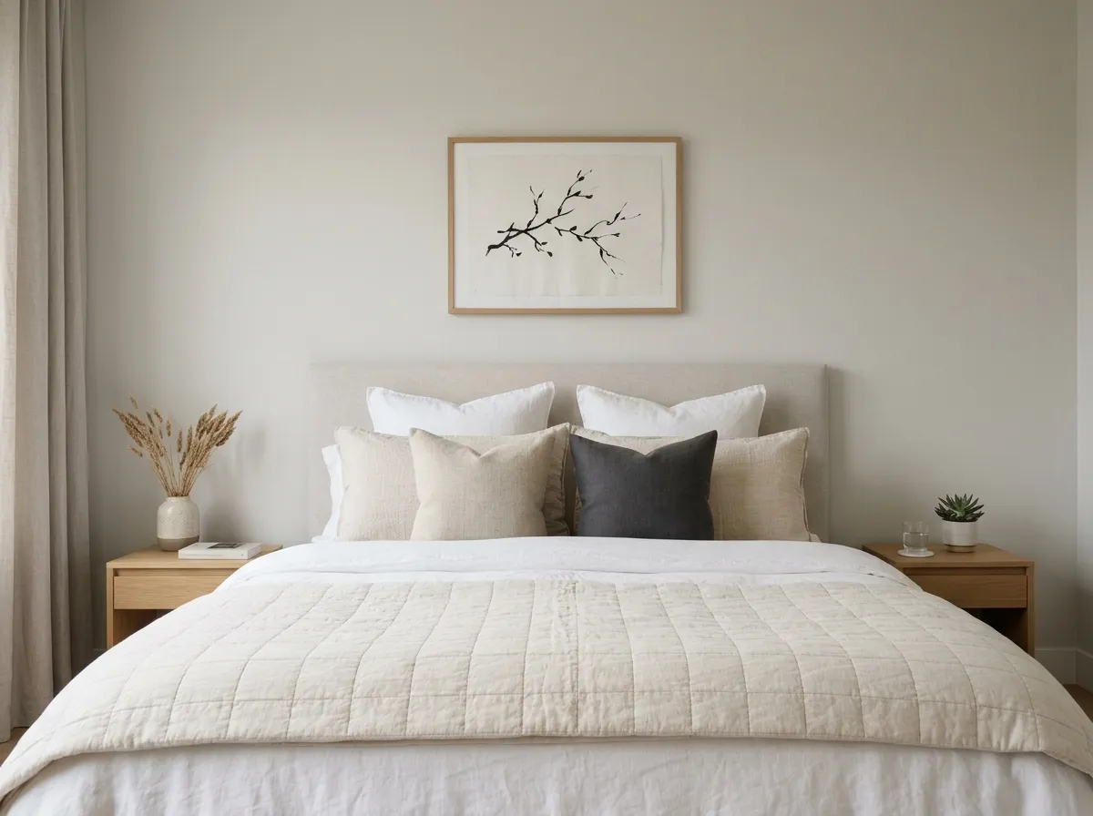A sparse ink-branch study as interior design wall art hung at correct scale above a bedroom headboard