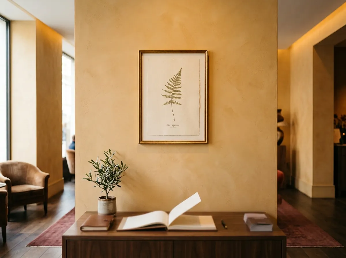A single-stem botanical print as interior design wall art in a boutique hotel lobby