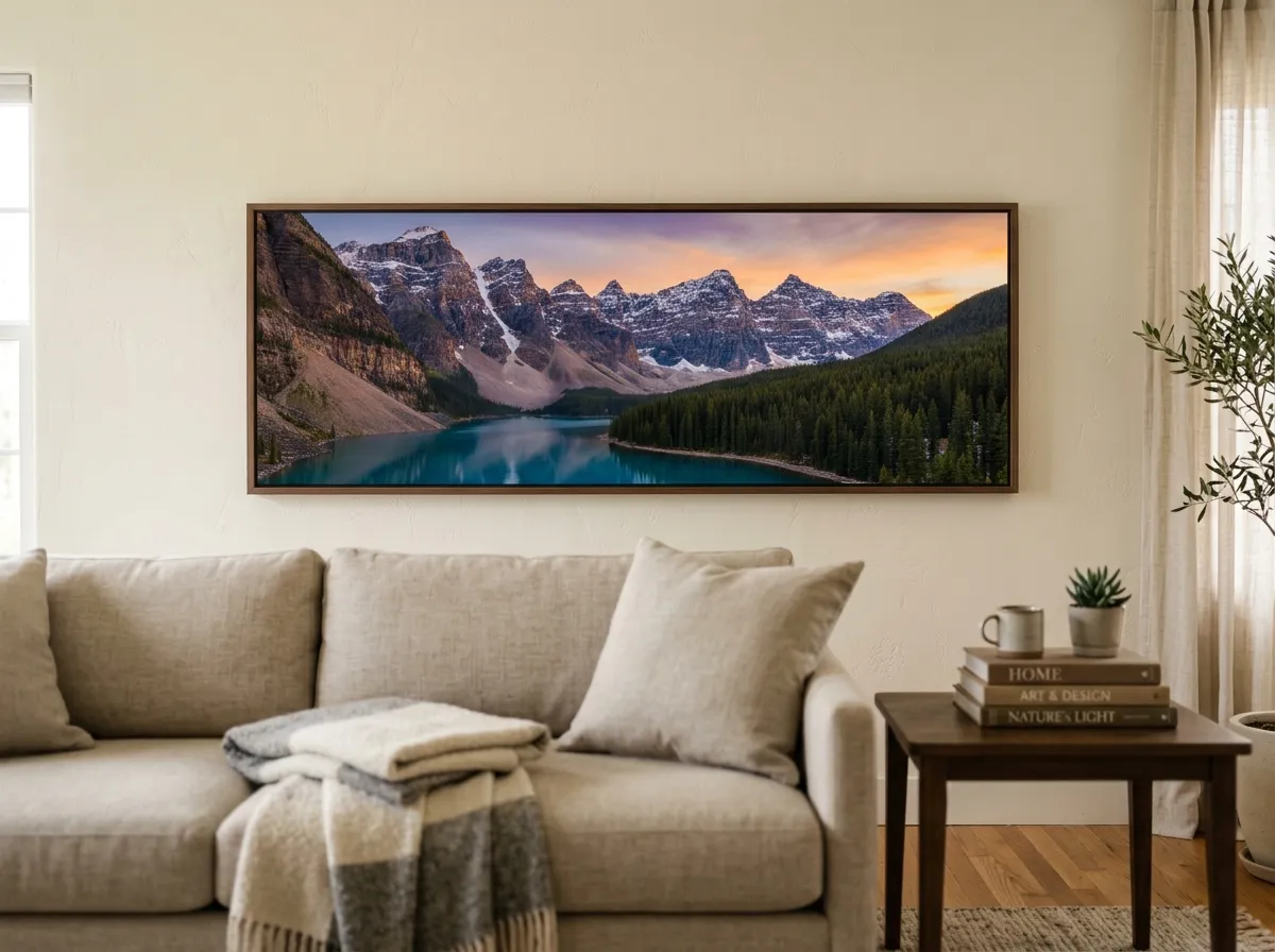 A muted cinematic landscape print as interior design wall art above a residential living room sofa.