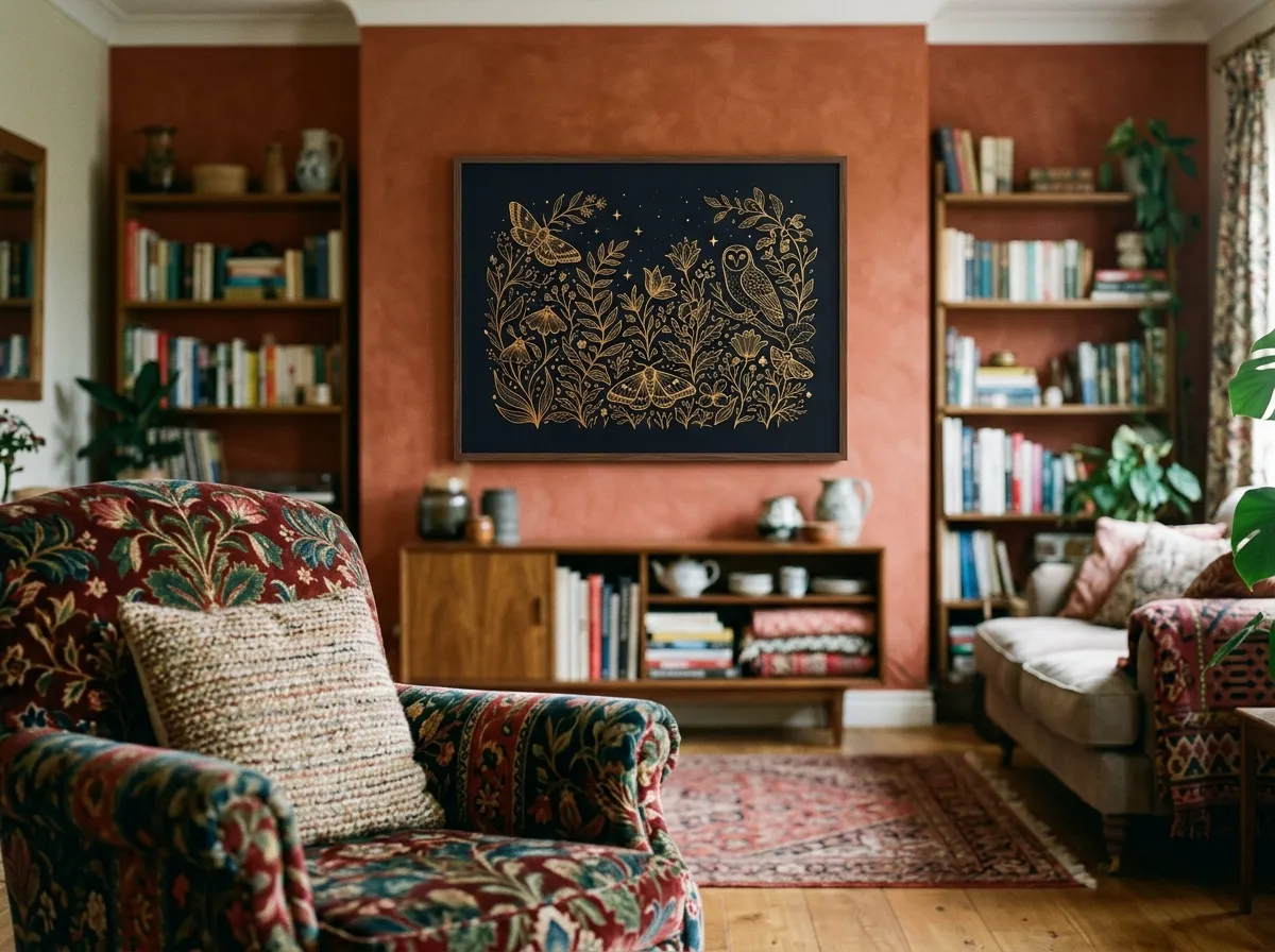 A dark-field print with gold accents used as modern wall art for any interior in a maximalist living room