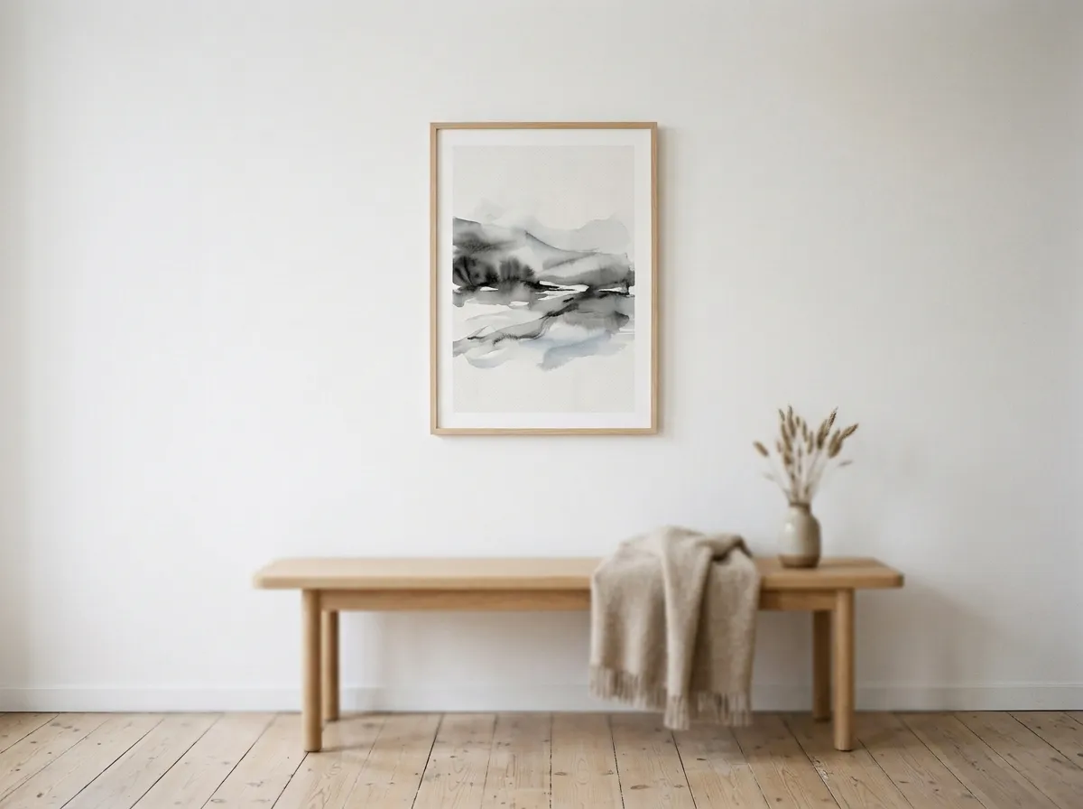 An atmospheric ink-wash print used as modern wall art for any interior in a Scandinavian-style room.