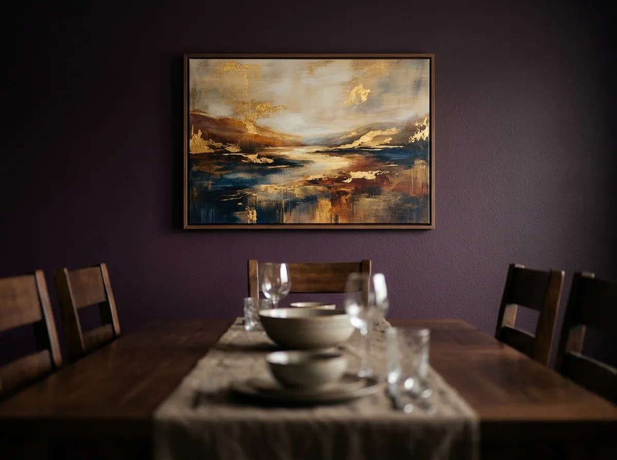 A gold-accented print used as muted canvas art for moody interiors on the end wall of a dark dining room