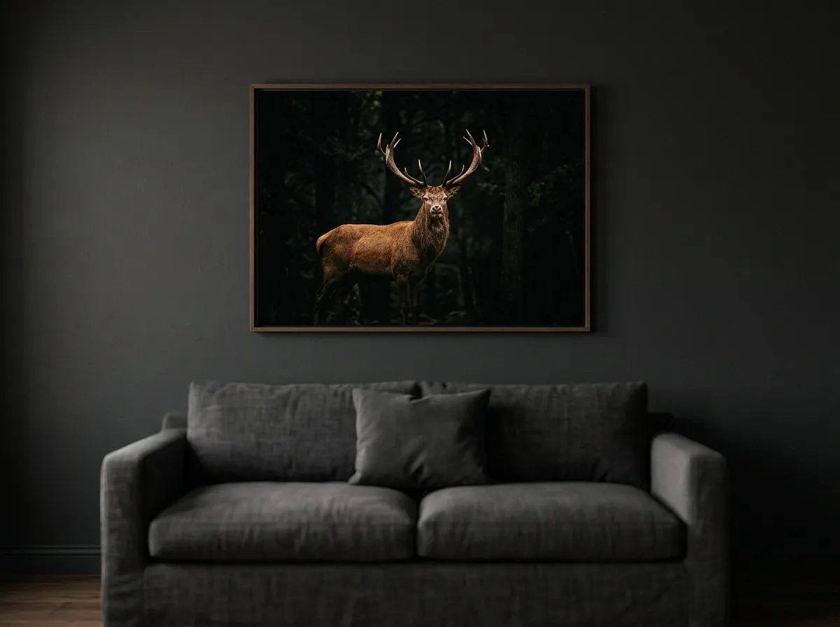 A cinematic wildlife print used as muted canvas art for moody interiors above a dark linen sofa.