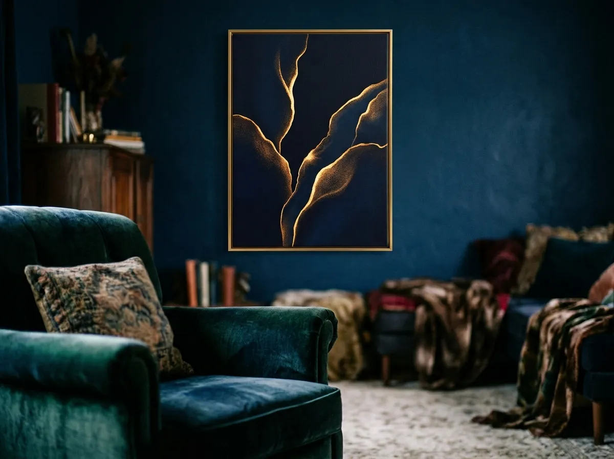 A Gilt Edge Canvas print with gold accents used as muted canvas art for moody interiors in a maximalist room
