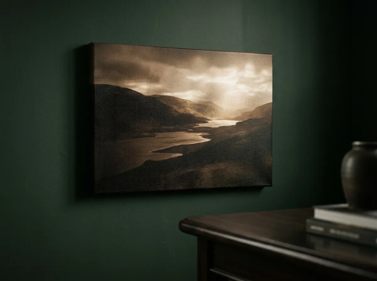 Close-up detail of muted canvas art for moody interiors showing full tonal range from shadow to highlight