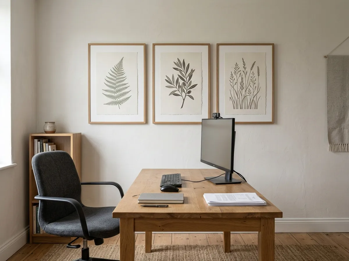 A high-contrast monochrome print as office wall decor in a home office