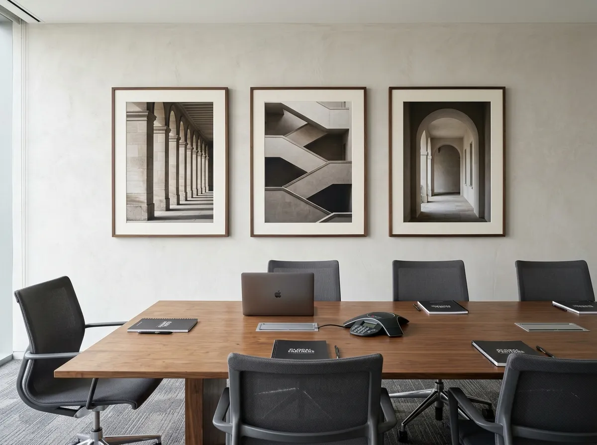 An atmospheric ink-wash print as office wall decor in a meeting room.